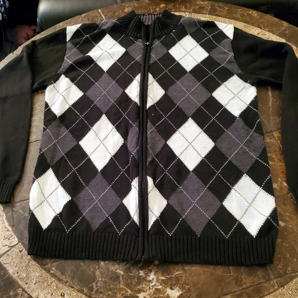 Vintage Argyle Black White Grey Zip up Sweater XL